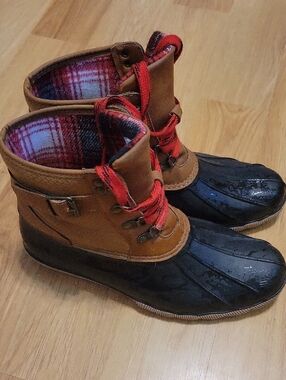 Maurices Brown and Black Duck Boots with Red Laces